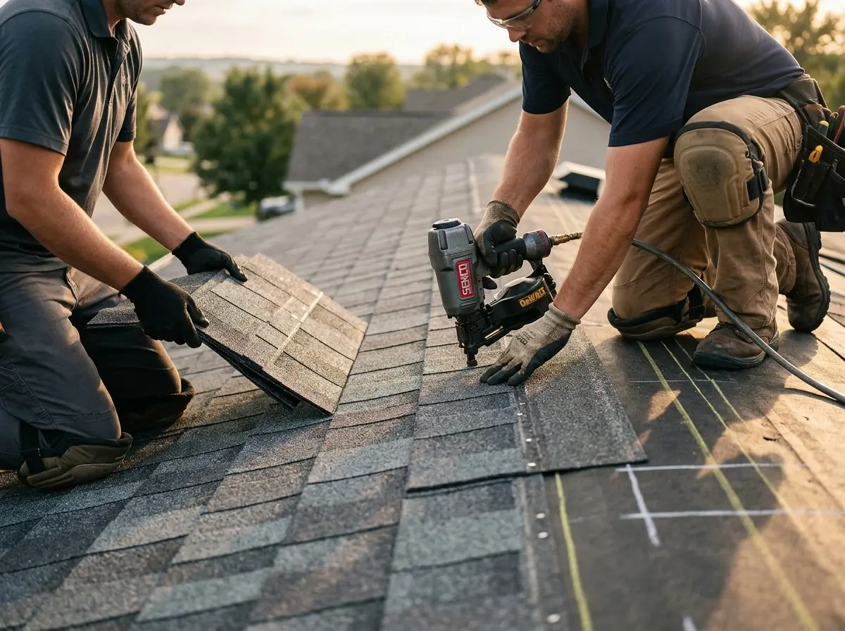 Professional roofer working on a residential roof in Bolivar